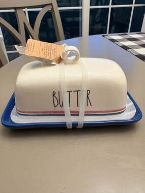 Rae Dunn Ceramic Butter Dish with Blue and Red Stripe